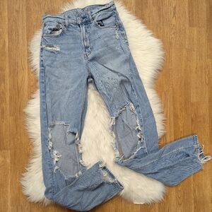 American Eagle Highest Rise Baggy Straight Jeans Distressed Light Wash